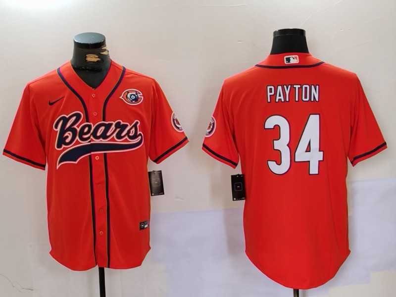 Men%27s Chicago Bears #34 Walter Payton Orange Throwback With Patch Cool Base Stitched Baseball Jersey
